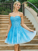 Robe de soirée bleue courte sans bretelles Applique Dentelle Tenues de soirée de remise des diplômes