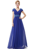 Robe de soirée bleue formelle Robe de mariée en mousseline de soie Applique Mère de la mariée Robes plissé V Neck Cap Sleeve Robe de soirée