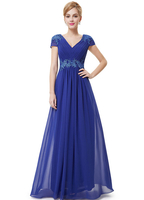 Robe de soirée bleue formelle Robe de mariée en mousseline de soie Applique Mère de la mariée Robes plissé V Neck Cap Sleeve Robe de soirée