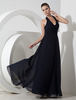 Robe de soirée bleue marine foncée en satin et chiffon à licou