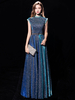 Robe de soirée bleue Robe de bal Col bijou Paillettes Longueur ras du sol Sash Robes de soirée formelles