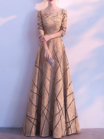 Robe de soirée Blond clair A-ligne Jewel Neck Manches longues Dentelle Longueur genou Robes de soirée sociale