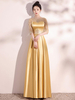 Robe de soirée blonde A-ligne col bijou manches mi-longues à lacets pailleté longueur au sol robes de reconstitution historique sociales