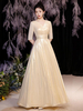 Robe de soirée blonde claire A-ligne col en V demi-manches à lacets pailleté longueur au sol robes de dîner formelles