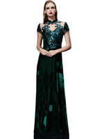 Robe de soirée éblouissante A-ligne en velours vert foncé avec cristal col montant longueur plancher