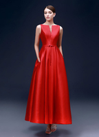 Robe de soirée éblouissante A-ligne Tissu de satin rouge avec ceinture décolleté cranté longueur cheville