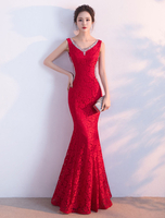 robe de soirée éblouissante sirène en dentelle rouge avec perles col V longueur plancher