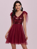Robe de soirée bordeaux à encolure en V sans manches dos nu en tulle à paillettes Robe de soirée courte