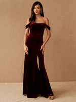 Robe de soirée bordeaux a-ligne col bateau manches courtes fermeture éclair devant velours fendu longueur de plancher robes de soirée formelles