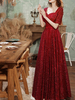 Robe de soirée bordeaux A-Line Col V-Col V-Manchons Dentelle Plancher - Robe de soirée