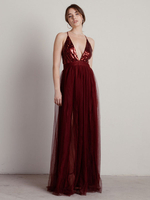 Robe de soirée bordeaux A-Line V-Col Tulle Tulle longueur Plissé Maxi Formel Toi Party Robes