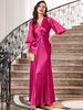 Robe de soirée bordeaux col en V plissé manches longues robe semi-formelle asymétrique