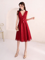 Robe de soirée bordeaux col V laçage sur dos en dentelle longueur au genou Robe de cocktail