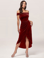 Robe de soirée Bourgogne Gaine Bateau Cou Thé-Longueur Tea-Longueur Plissionné Velours Dîner Formel Robes