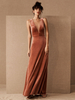 Robe de soirée brun en satin stretch col et dos en V plongeant zip sur dos Robe cérémonie