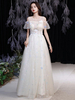 Robe de soirée champagne A-ligne bijou col demi-manches fermeture éclair papillon longueur au sol robes de soirée en dentelle formelle