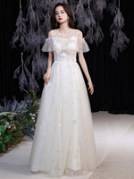Robe de soirée champagne A-ligne bijou col demi-manches fermeture éclair papillon longueur au sol robes de soirée en dentelle formelle