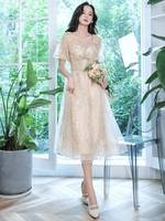 Robe de soirée champagne A-ligne col en coeur dentelle demi-manches appliques thé longueur robes de soirée formelles