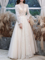 Robe de soirée Champagne A-Line Col de bijou à manches longues en dentelle à manches longues paillettes longueur de plancher