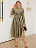 Robe De Soirée Champagne Ceinture Plissé À Manches Longues Robe Semi-Formelle