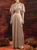 Robe de soirée champagne col en V longueur au sol manches courtes dos nu plissé polyester robes de soirée formelles