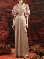 Robe de soirée champagne col en V longueur au sol manches courtes dos nu plissé polyester robes de soirée formelles