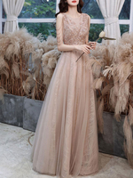 Robe de soirée champagne col rond pailletes longueur au sol robe de cérémonie