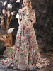 Robe de soirée champagne en dentelle col rond manche courte à traîne