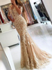 Robe de soirée champagne en tulle col rond demi-manche en dentelle laçage sur dos à traîne