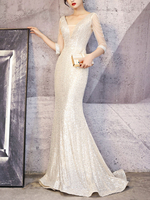 Robe de soirée champagne sirène col en V pailleté avec des paillettes de train robes de soirée formelles