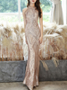 Robe de soirée Champagne sirène longueur au sol bijou cou sans manches chaînes à glissière paillettes longues robes de soirée formelles