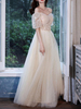 Robe de soirée champagne une ligne sans bretelles à manches courtes à lacets en tulle doux dentelle longueur au sol robes de soirée formelles