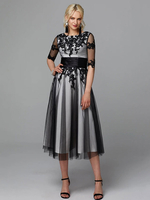 Robe de soirée col bijou longueur thé demi-manches à lacets appliques mère des robes de mariée