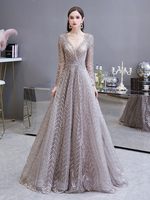 Robe de soirée col V manche longue transparent à zip invisible sur dos longueur au sol