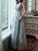Robe de soirée col V plogeant transparent dos nu à laçage longueur au sol Robe de bal