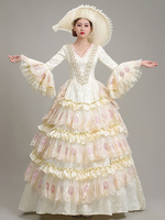 Robe De Soirée Costumes Rétro Blanc Écru Dentelle Polyester Imprimé Fleuri Robe Femme Vintage Marie Antoinette Déguisement Tunique 18ème Siècle