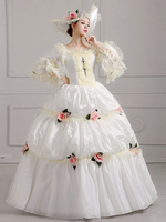 Robe De Soirée Costumes Rétro Blanc Écru Fleurs Robe En Polyester Tunique Vintage Femme Costume Marie Antoinette Déguisement Vintage