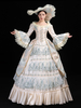 Robe De Soirée Costumes Rétro Vert Clair Dentelle Marie Antoinette Costume Polyester Imprimé Fleuri Chapeau Femmes Euro-style Tunique Déguisement Vintage