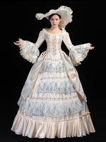 Robe De Soirée Costumes Rétro Vert Clair Dentelle Marie Antoinette Costume Polyester Imprimé Fleuri Chapeau Femmes Euro-style Tunique Déguisement Vintage