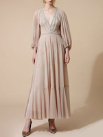 Robe de soirée couleur chair une ligne col en V longueur cheville manches longues fermeture éclair plissée en mousseline de soie robes de soirée sociale