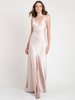 Robe de soirée couleur chair une ligne col en v sans manches dos nu satin mat longueur de plancher fendu devant robes de soirée formelles