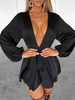 Robe de Soirée Courte à Col Décolleté en V avec Manches Longues Amples Coupe Cintrée Bas Evasée Unicolore