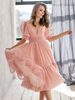 Robe de Soirée Courte en Mousseline avec Manches Courtes Coupe Cintrée Bas Evasée Unicolore Robe Femme