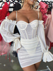 Robe de Soirée Courte en Mousseline Femme avec Manches Longues avec Epaule Dénudée Coupe Cintrée Unicolore