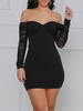 Robe de Soirée Courte en Mousseline Femme avec Manches Longues avec Epaule Dénudée Coupe Cintrée Unicolore