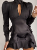 Robe de Soirée Courte en Satin avec Manches Longues à Col Montant Coupe Cintrée Bas Evasée Unicolore