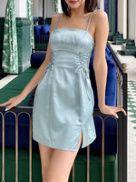 Robe de Soirée Courte en Satin Femme avec Bretelles à Col Carré Coupe Cintrée à Lacets Croisés Unicolore Robe Eté