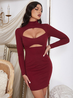 Robe de Soirée Courte Femme à Col Décolleté avec Manches Longues Coupe Cintrée Unicolore