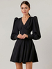 Robe de Soirée Courte Femme à Col V avec Manches Longues Coupe Cintrée Bas Evasée Unicolore