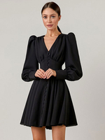 Robe de Soirée Courte Femme à Col V avec Manches Longues Coupe Cintrée Bas Evasée Unicolore